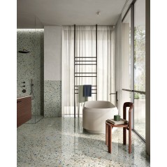 Carrelage imitation terrazzo, granito mat ou brillant rectifié 60x120cm et 120x120cm, sur fond vert santaplus sage