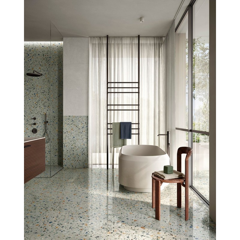 Carrelage imitation terrazzo, granito mat ou brillant rectifié 60x120cm et 120x120cm, sur fond vert santaplus sage Carrelage imitation terrazzo, granito mat ou brillant rectifié 60x120cm et 120x120cm, sur fond vert santaplus sage