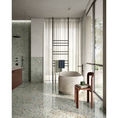 Carrelage imitation terrazzo, granito mat ou brillant rectifié 60x120cm et 120x120cm, sur fond vert santaplus sage