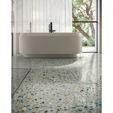 Carrelage imitation terrazzo, granito mat ou brillant rectifié 60x120cm et 120x120cm, sur fond vert santaplus sage