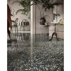 Carrelage imitation terrazzo, granito mat ou brillant rectifié 60x120cm et 120x120cm, sur fond noir santaplus night
