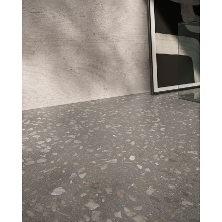 Carrelage effet terrazzo fond grey mat 60x60, 90x90, 60x120cm et 60x120cm R11 rectifié santaglow gris