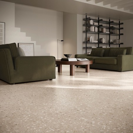 Carrelage effet terrazzo fond taupe mat 60x60, 90x90, 60x120cm et 60x120cm R11 rectifié santaglow sand