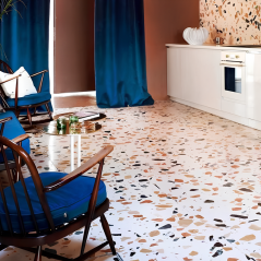 Carrelage terrazzo véritable granito à base de résine grand format brillant Rimini 60x60x1.2cm fond blanc