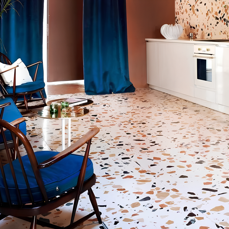 Carrelage terrazzo véritable granito à base de résine grand format brillant Rimini 60x60x1.2cm fond blanc