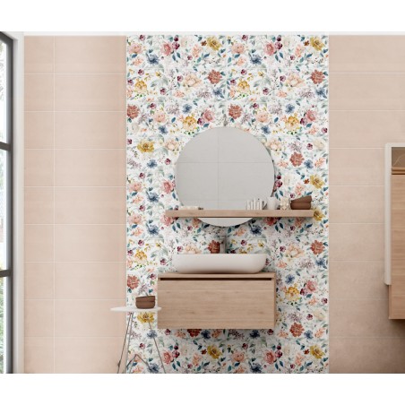 Carrelage décor brillant épaisseur 8.5mm, mur, fleurs sur fond blanc 25x75cm savmedley pop1
