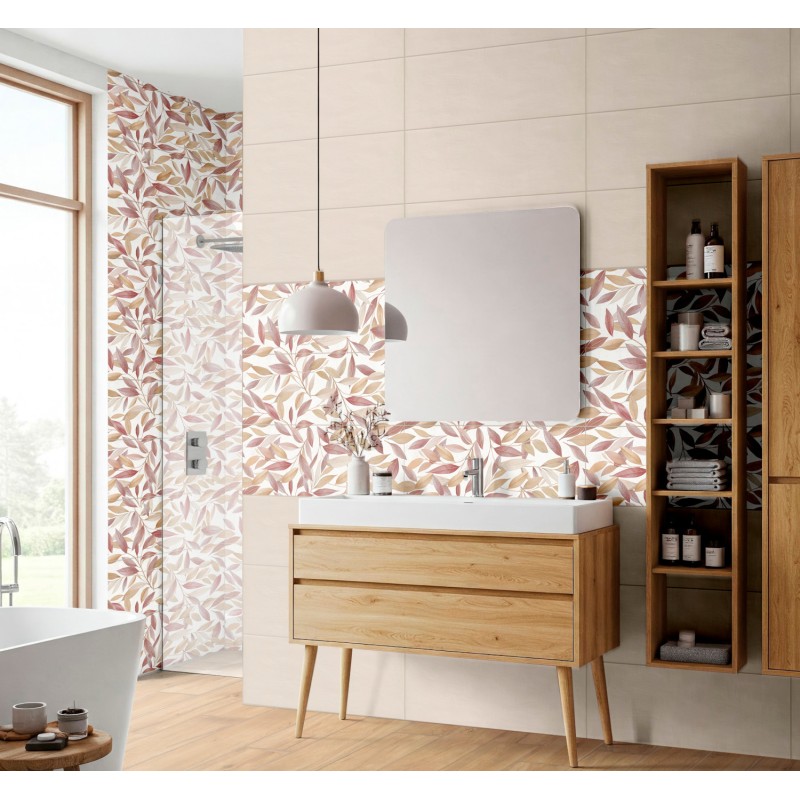 Carrelage décor brillant épaisseur 8.5mm, mur, feuilles sur fond blanc 25x75cm savmedley jazz warm