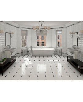 Carrelage salle de bain E octogone blanc mat 20x20cm avec cabochon noir 5x5cm