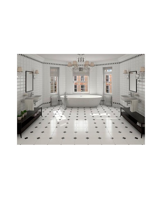 Carrelage salle de bain E octogone blanc mat 20x20cm avec cabochon noir 5x5cm