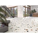 Carrelage imitation terrazzo et granito blanc mat coloré, 80x80cm rectifié, arcastracciatella nacar antidérapant R10