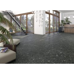 Carrelage imitation terrazzo et granito fond noir mat, 80x80cm rectifié, arcamiscella grafito antiderapant R10