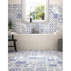 Carrelage salle de bain blanc et bleu mat effet carreau ciment ancien patchwork 44x44cm realskyros décor blanc