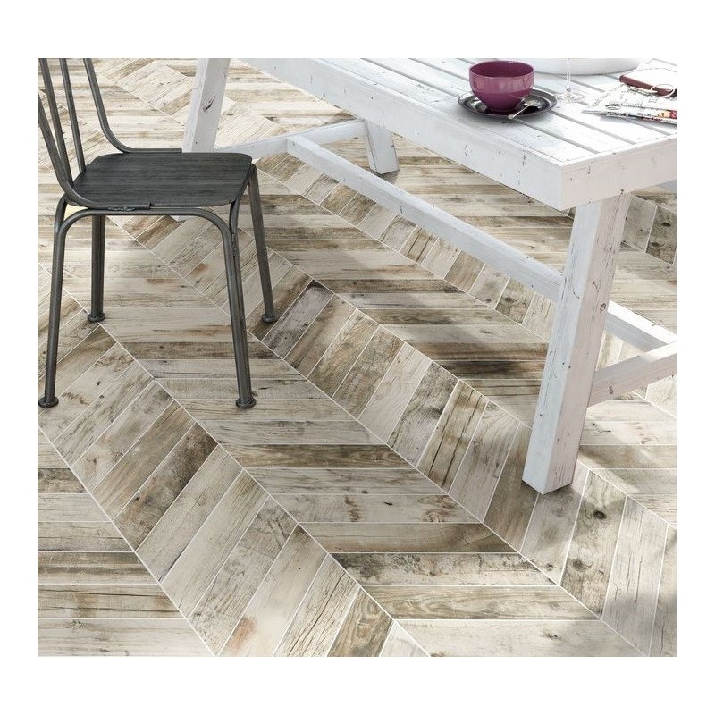 Carrelage chevron imitation bois de palette blanchi realdpallet blanc mat gauche 70x40cm