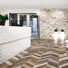 Carrelage realdpallet chevron mix au sol et blanc au mur gauche et droit