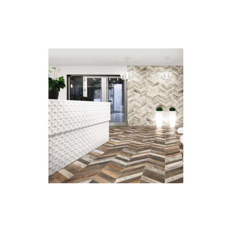 Carrelage realdpallet chevron mix au sol et blanc au mur gauche et droit