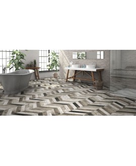 Carrelage chevron imitation bois de palette realdpallet gris gauche et droit au sol et teiki gris au mur