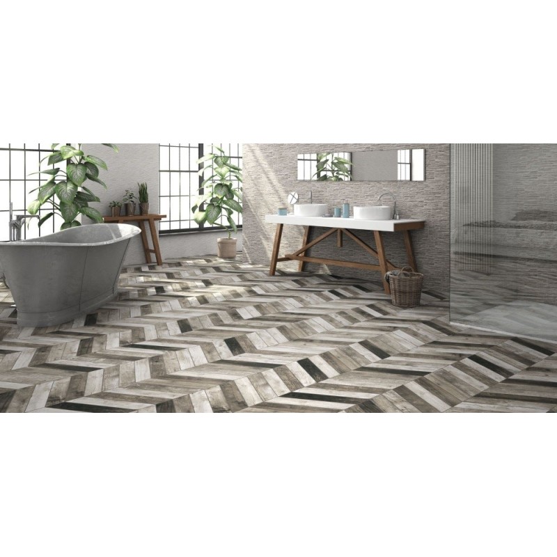 Carrelage chevron realdpallet gris gauche et droit au sol et teiki gris au mur