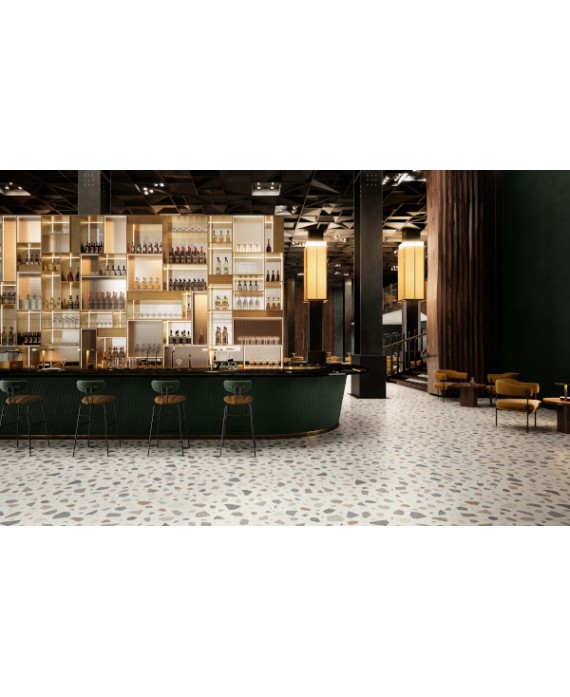 Carrelage effet terrazzo et granito, magasin, 90x90cm rectifié, santanewdeco palladian light mat