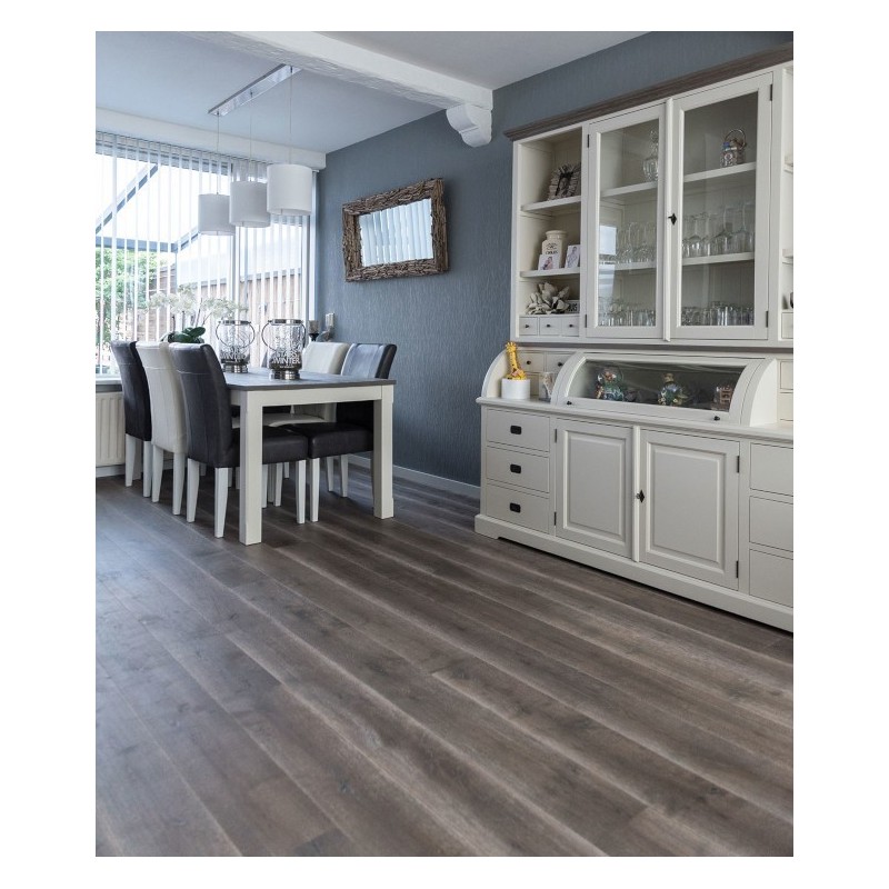 Parquet sol cuisine contrecollé en chêne huilé gris fumé, plancher en bois largeur 190 mm latry smoked grey