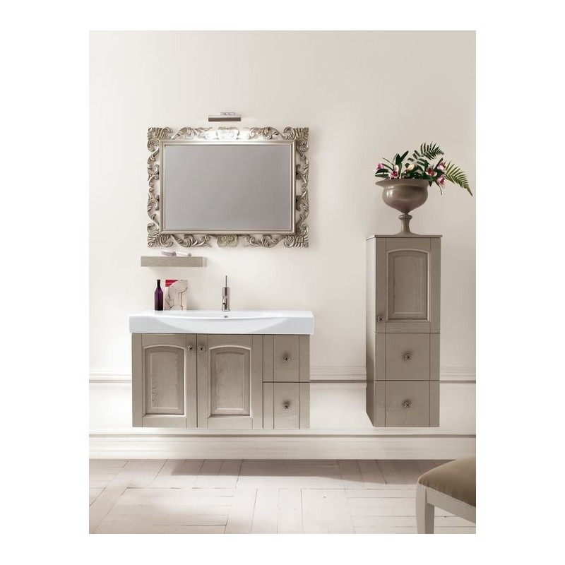 Meuble de salle de bain frêne laqué taupe mat de style ancien, un miroir et une colonne comp AC22