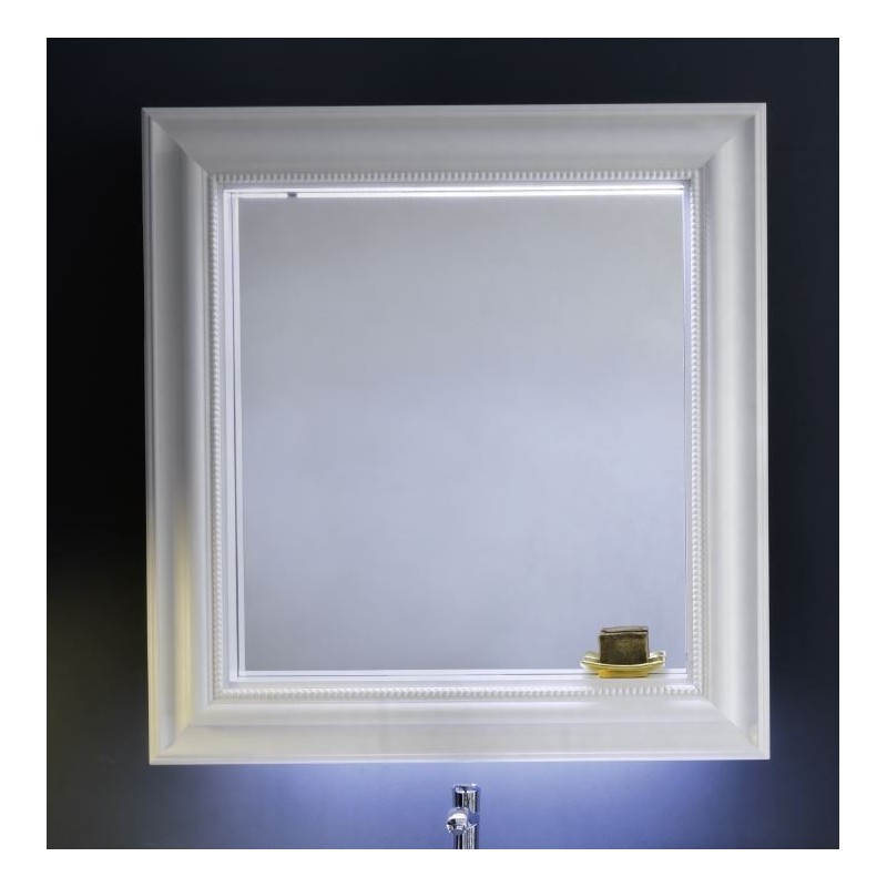 Miroir salle de bain, rétro, cadre bois laqué blanc mat avec éclairage comp marlene.