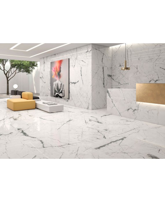 Carrelage poli brillant imitation marbre blanc veiné de noir 60x60cm rectifié, bureau géokairos blanc