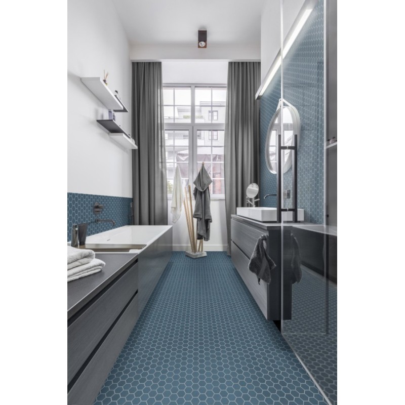 Mosaique hexagonale mini tomette bleu mer mat, salle de bain, en grès cérame 4.3x3.8cm sur trame 31.6x31.6cm terrocean