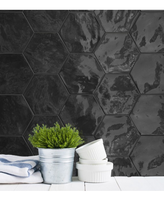 Carrelage hexagone noir brillant faience murale salle de bain crédence de cuisine 17.3x15cm terrablack