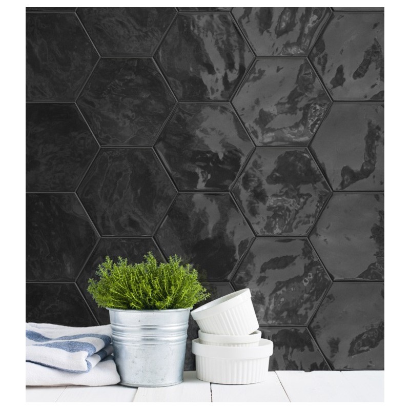 Carrelage hexagone noir brillant faience murale salle de bain crédence de cuisine 17.3x15cm terrablack