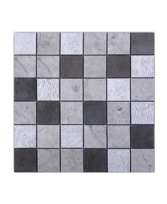 Mosaique cuisine salle de bain D torino gris 5x5cm: thala gris, bouchardé et foussana gris sur trame 30x30x1cm