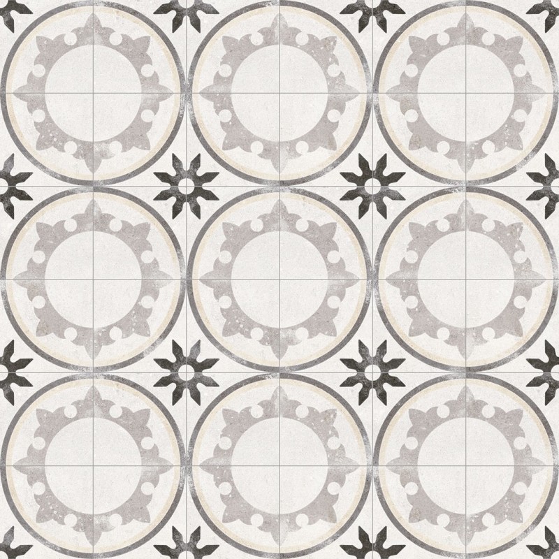 Carrelage imitation carreau de ciment cercle ancien 20x20cm, V fiyi blanco