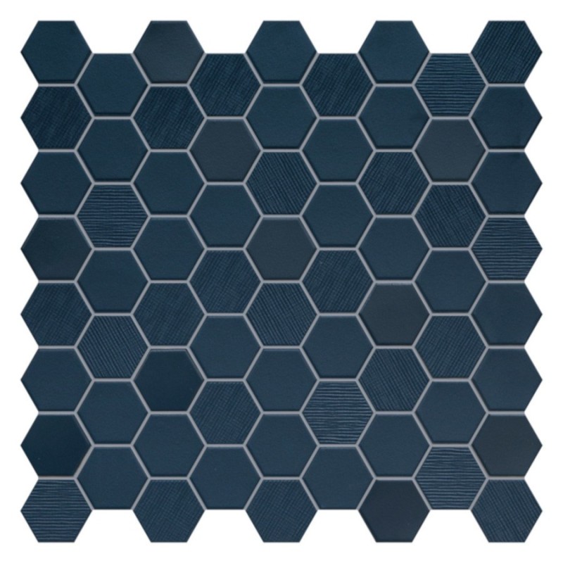 Mini tomette mosaique hexagone bleu foncé mat effet tissu 4.3x3.8cm sur trame 31.6x31.6cm terrahexanavy mix