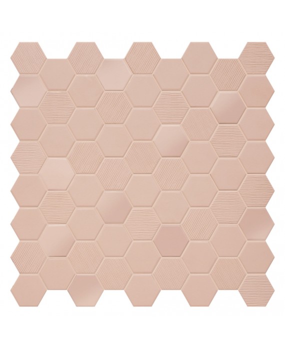 Mini tomette mosaique hexagone rose mat sol et mur effet tissu 4.3x3.8cm sur trame 31.6x31.6cm terrahexamix rosy