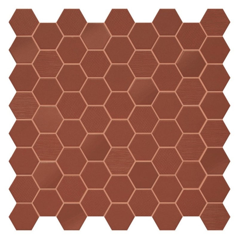 Mini tomette mosaique hexagone rouge foncé mat effet tissu sol et mur 4.3x3.8cm sur trame 31.6x31.6cm terrahexamix rusty