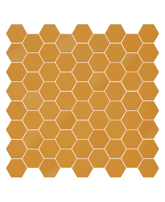 Mini tomette mosaique hexagone jaune mat mur et sol, effet tissu 4.3x3.8cm sur trame 31.6x31.6cm terrahexamix yellow