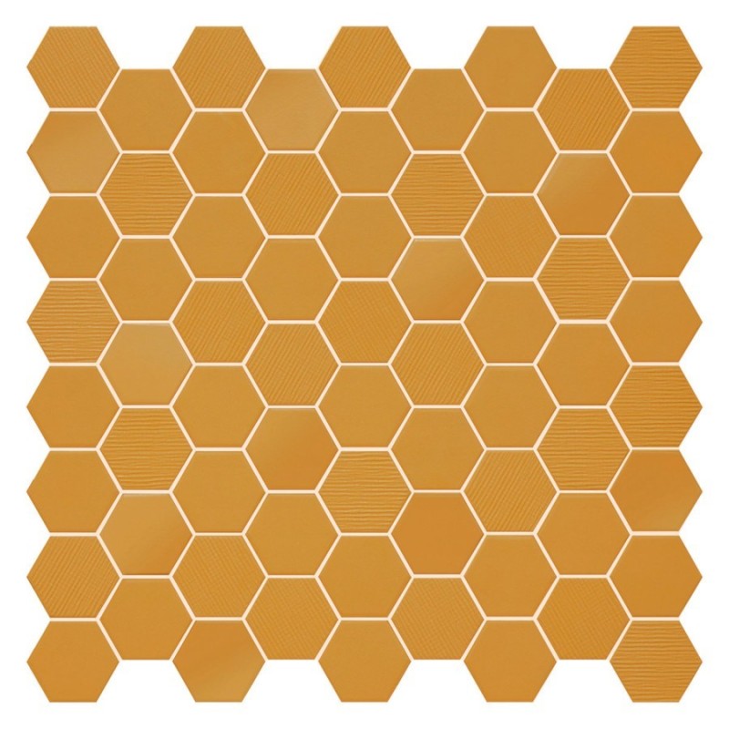 Mini tomette mosaique hexagone jaune mat mur et sol, effet tissu 4.3x3.8cm sur trame 31.6x31.6cm terrahexamix yellow