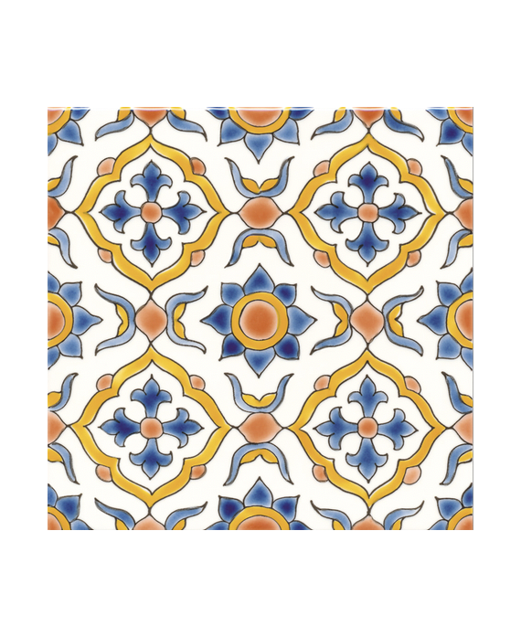 Carrelage peint à la main décor méditerranéen bleu et jaune 20x20x0.8cm D maya automne sur fond ivoire