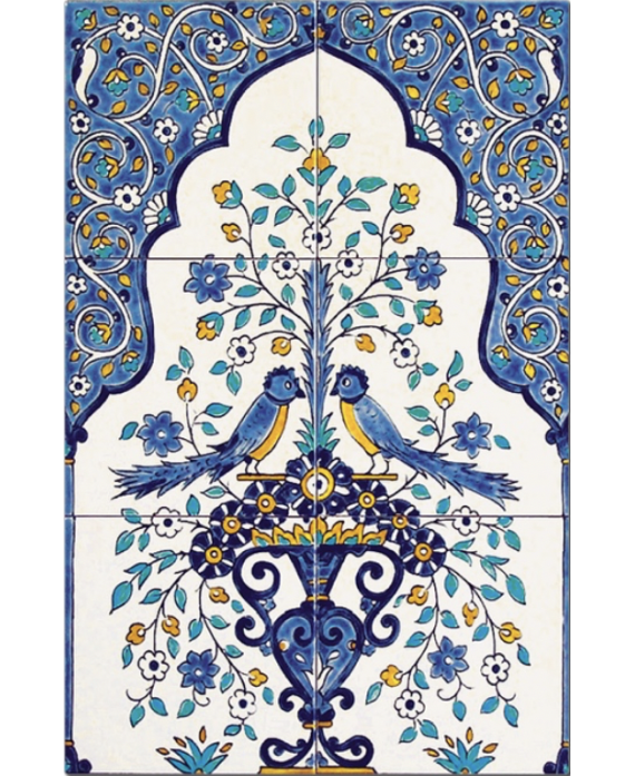 Fresque décorée émaillée 40x60cm, shalimar sur fond ivoire, composée de 6 carreaux de 20x20cm