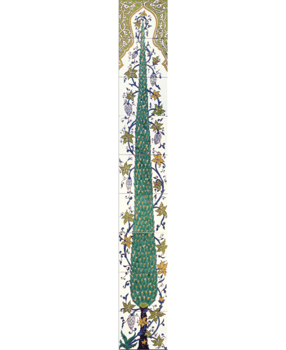 Fresque décorée émaillée 25x180cm, D cyprès vert sur fond ivoire, composée de 9 carreaux de 20x25cm