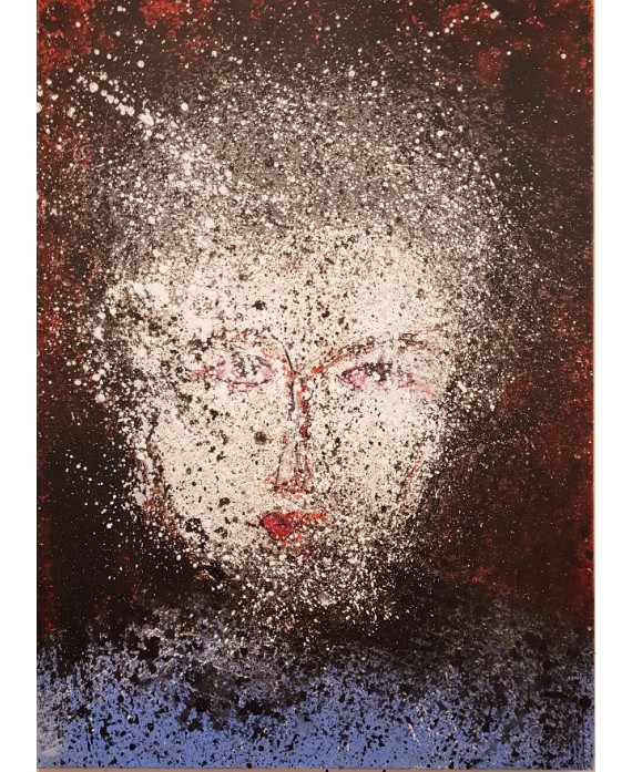 Peinture contemporaine, portrait, tableau moderne figuratif, acrylique sur toile 100x73cm représentant une tête au yeux rouges