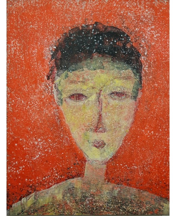 Peinture moderne, portrait, tableau contemporain figuratif, acrylique sur toile 116x89cm représentant une tête orange