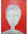Peinture contemporaine, portrait, tableau moderne figuratif, acrylique sur toile 116x89cm représentant une tête art-déco rouge