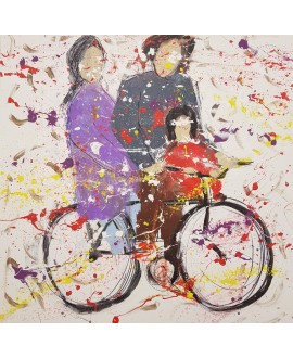 Peinture contemporaine, tableau moderne figuratif, acrylique sur toile 100x100cm représentant une famille sur un vélo