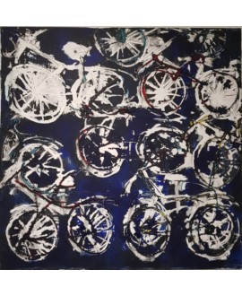 Peinture contemporaine, tableau moderne figuratif, acrylique sur toile 100x100cm intitulé: vélos bleus