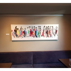 Peinture moderne, tableau contemporain figuratif,acrylique sur toile 150x50cm représentant des hommes qui marchent en couleur