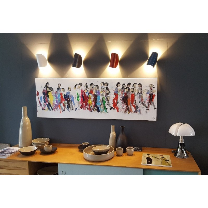 Peinture moderne, tableau contemporain figuratif, acrylique sur toile 150x50cm représentant des hommes qui marchent en couleur