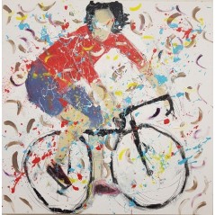 Peinture contemporaine, tableau moderne figuratif, acrylique sur toile 100x100cm intitulée: cycliste en danseuse rouge.