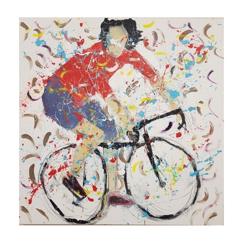 Peinture contemporaine, tableau moderne figuratif, acrylique sur toile 100x100cm intitulée: cycliste en danseuse rouge.