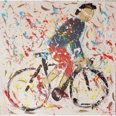 Peinture moderne, tableau contemporain figuratif, acrylique sur toile 100x100cm intitulée: cycliste en danseuse bleu.