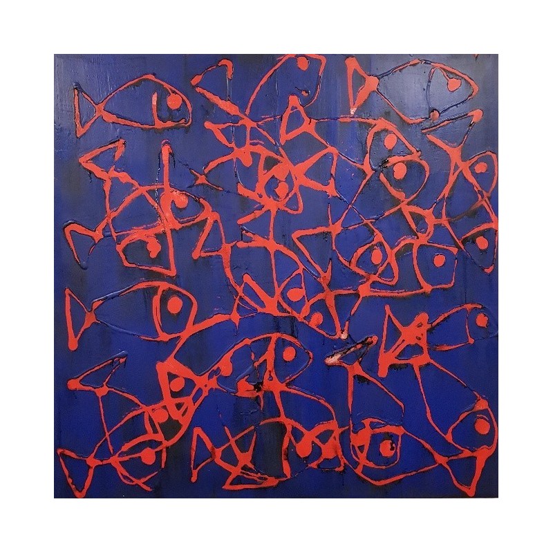 Peinture moderne, tableau contemporain figuratif, acrylique sur toile 100x100cm intitulée: poissons rouges